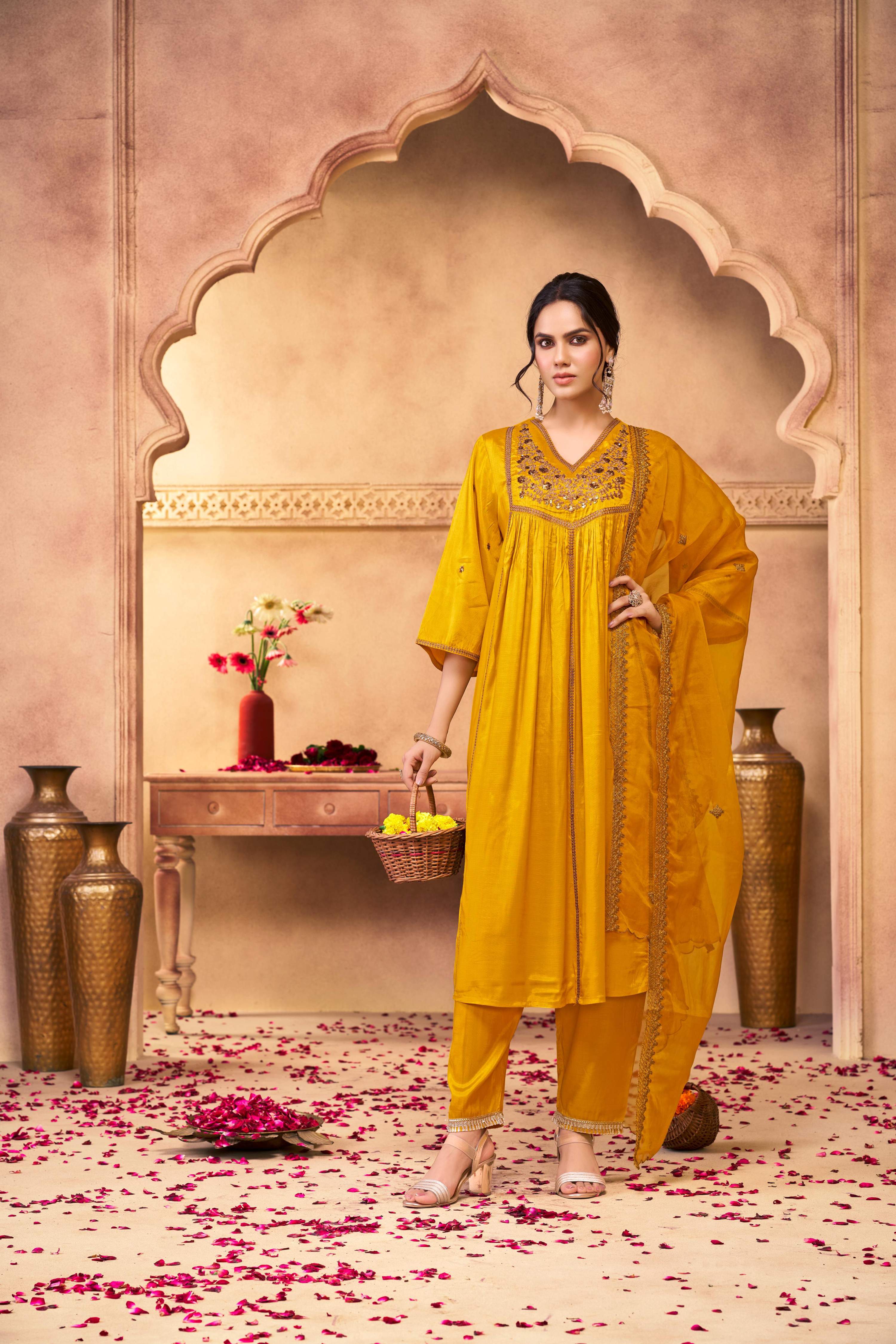 BulBul Praniti Muslin Mustard Kurta Set with Dupatta
