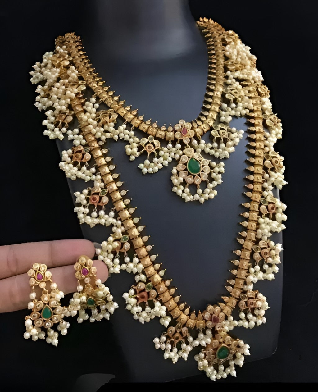 Jewel City Antique-Finish Temple Jewelry Set with Green stone & Pearl Details-Traditional South Indian Bridal Necklace Earrings Set
