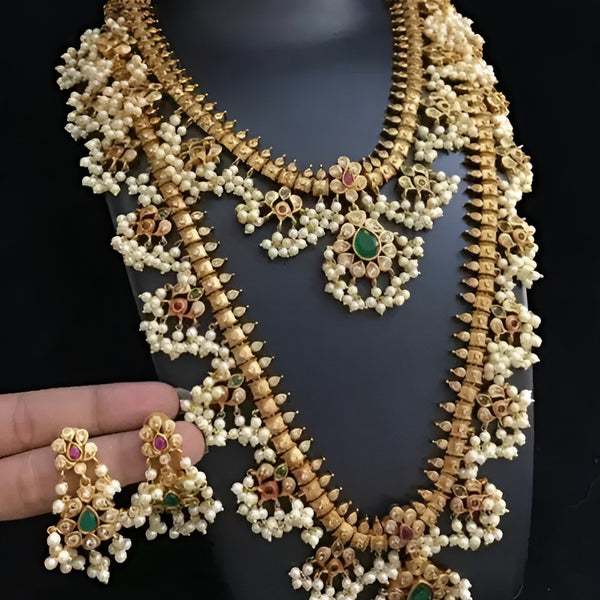 Jewel City Antique-Finish Temple Jewelry Set with Green stone & Pearl Details-Traditional South Indian Bridal Necklace Earrings Set - Distacart
