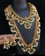 Thumbnail for Jewel City Antique-Finish Temple Jewelry Set with Green stone & Pearl Details-Traditional South Indian Bridal Necklace Earrings Set