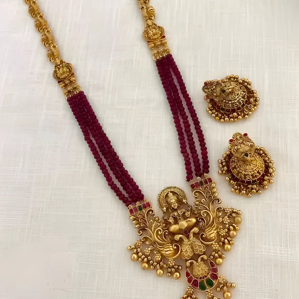 Jewel City Antique-Finish Goddess Ruby Beaded Necklace & Stud Earring Set - Traditional Kemp Stone Temple Jewelry - Distacart