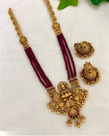 Jewel City Antique-Finish Goddess Ruby Beaded Necklace & Stud Earring Set - Traditional Kemp Stone Temple Jewelry - Distacart