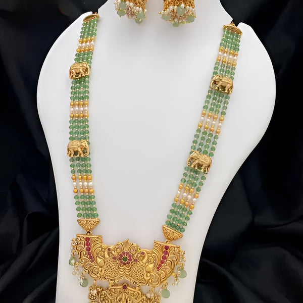 Jewel City Temple Design Gold-Plated Beaded Necklace & Earring Set with Green Gemstones - Traditional Handcrafted Ethnic Jewelry - Distacart