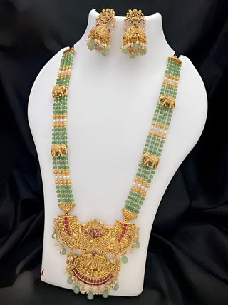 Jewel City Temple Design Gold-Plated Beaded Necklace & Earring Set with Green Gemstones - Traditional Handcrafted Ethnic Jewelry