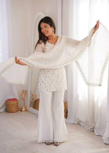 Teeya Creation White Embroidered Short Kurti Sharara Suit Set With Dupatta - Dista