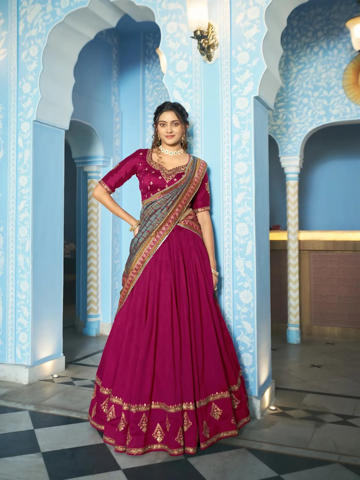 Looknbook Art Women Vichitra Silk Sequins & Thread Work Embroidered Lehenga Choli-Rani Pink