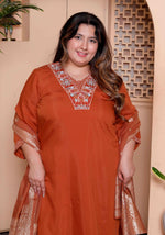 Thumbnail for Miravan Women's Plus Size Orange Embroidered Straight Kurta with Palazzo and Dupatta set - Distacart