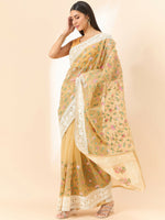 Thumbnail for Beige Organza Floral Embroidered Saree with Unstitched Blouse Piece - Roozal - Distacart