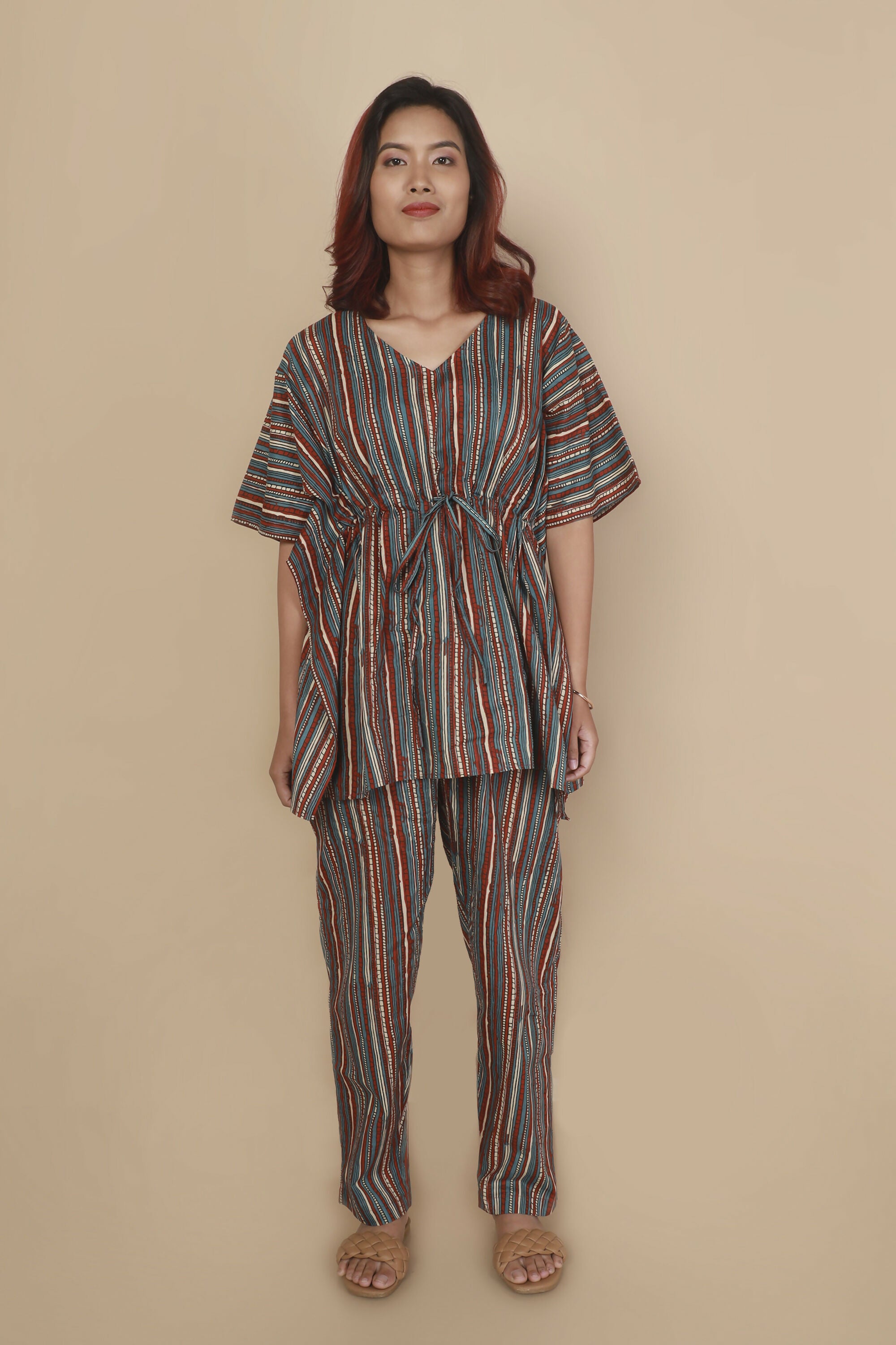 Breathables Women’S Loungewear Kaftan Cotton Aqua Blue Stripes Print Co-Ord Set - Dista