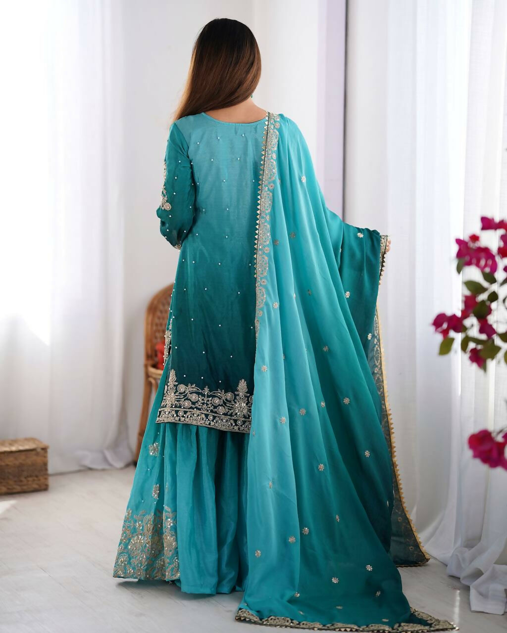 The52 Women's Beautiful Chinon silk Fabric Embroidery Work Straight Kurta Palazzo and Dupatta Set - Distacart
