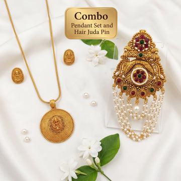 JS Fashion Combo Designer High Gold Pendant Set & Antique Gold Finish Juda Pin For Women - Dista