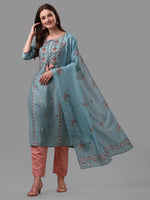 Thumbnail for Blue Embroidered Kurta Pant & Dupatta Set, Multicolor - Hiral Fashion - Dista