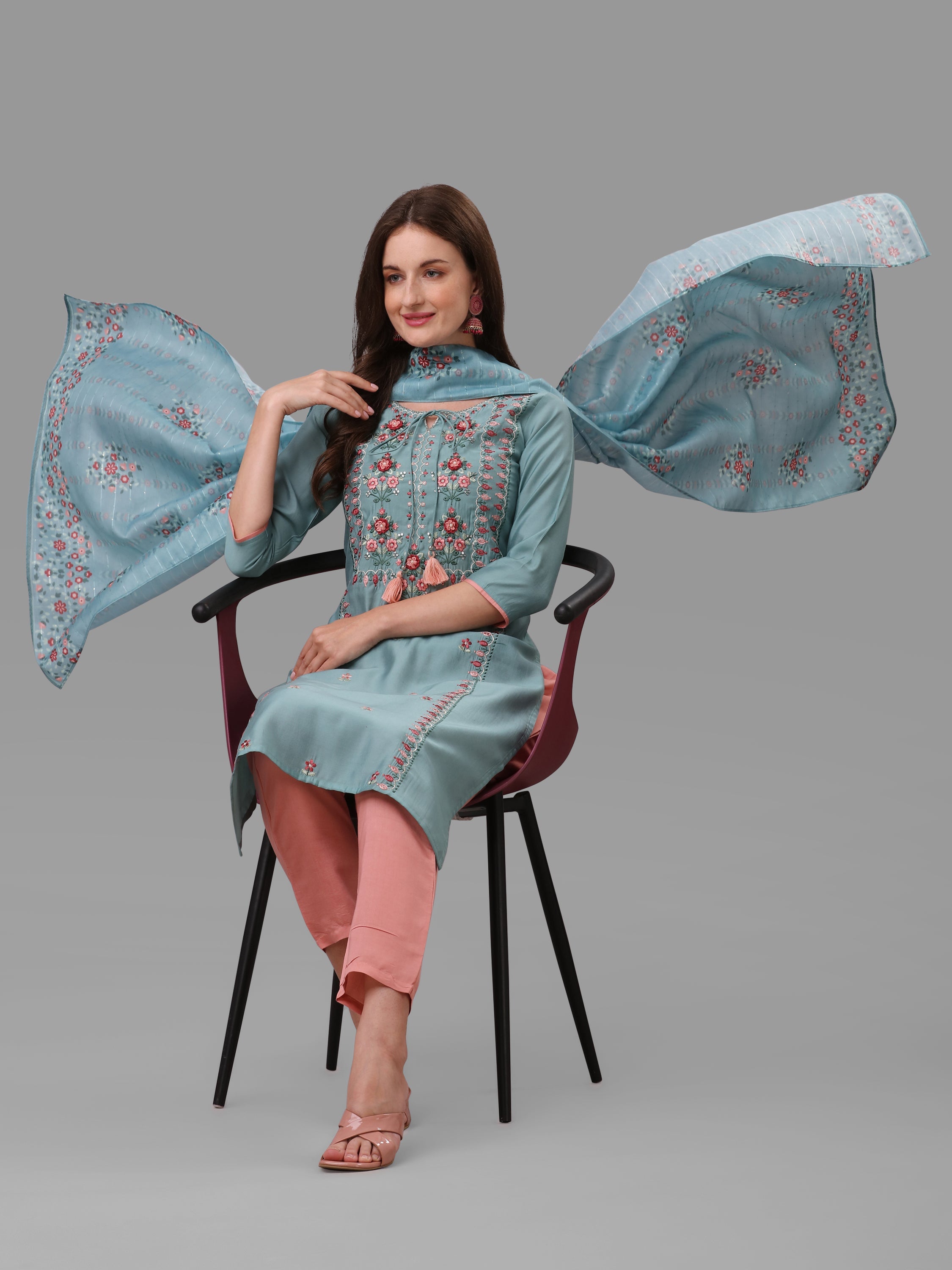 Blue Embroidered Kurta Pant & Dupatta Set, Multicolor - Hiral Fashion - Dista