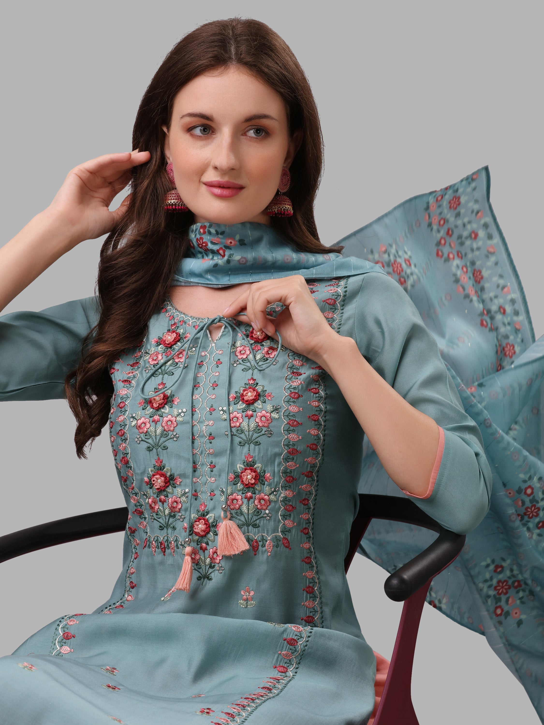 Blue Embroidered Kurta Pant & Dupatta Set, Multicolor - Hiral Fashion - Dista