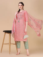 Thumbnail for Pink Embroidered Kurta Pant & Dupatta Set, Multicolor - Hiral Fashion - Distacart