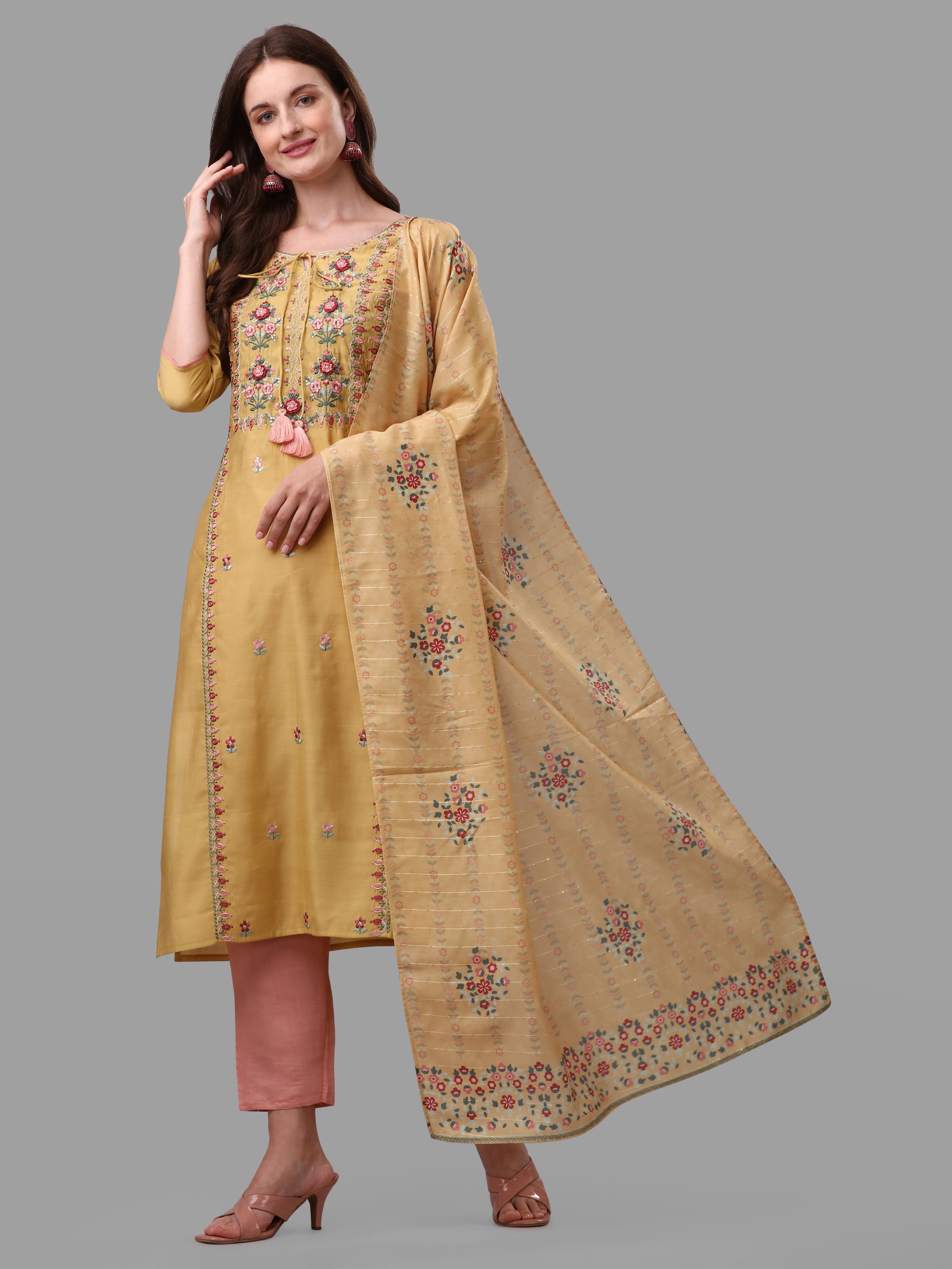 Yellow Embroidered Kurta Pant & Dupatta Set, Multicolor - Hiral Fashion - Dista