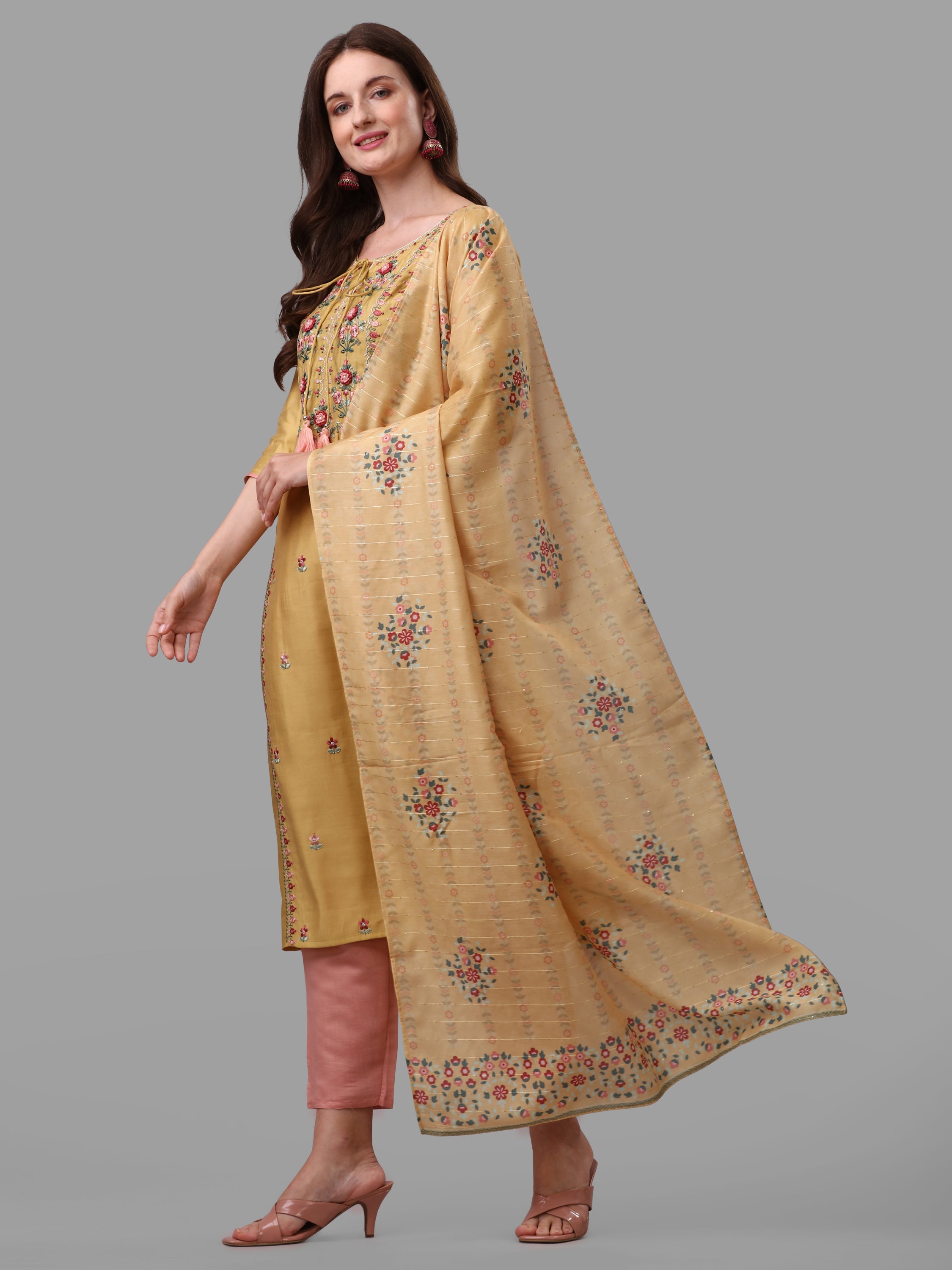 Yellow Embroidered Kurta Pant & Dupatta Set, Multicolor - Hiral Fashion - Dista