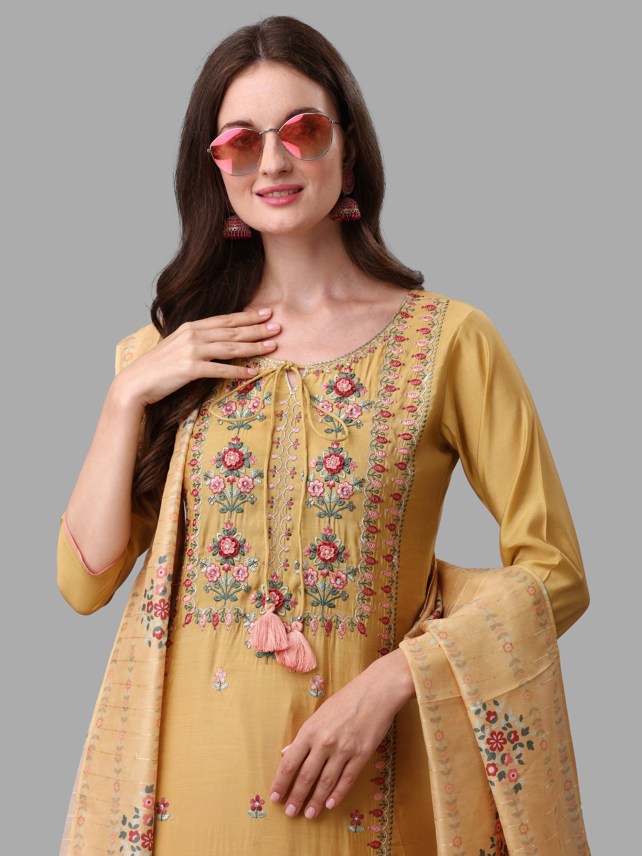 Yellow Embroidered Kurta Pant & Dupatta Set, Multicolor - Hiral Fashion - Dista