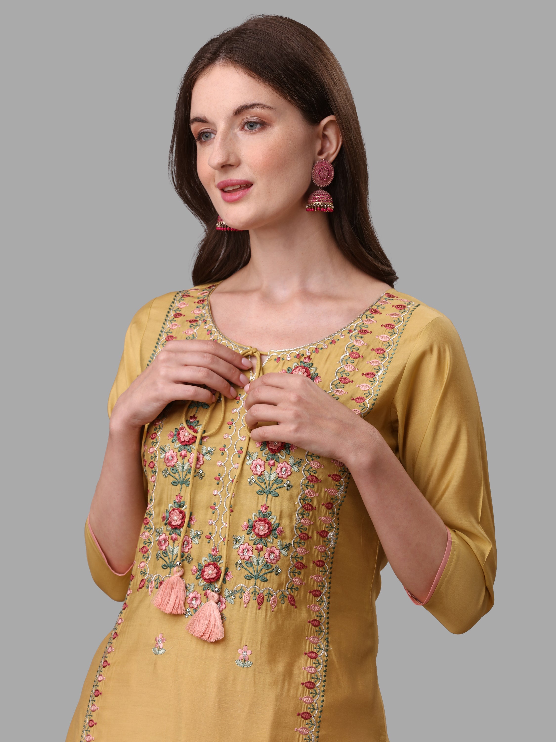 Yellow Embroidered Kurta Pant & Dupatta Set, Multicolor - Hiral Fashion - Dista