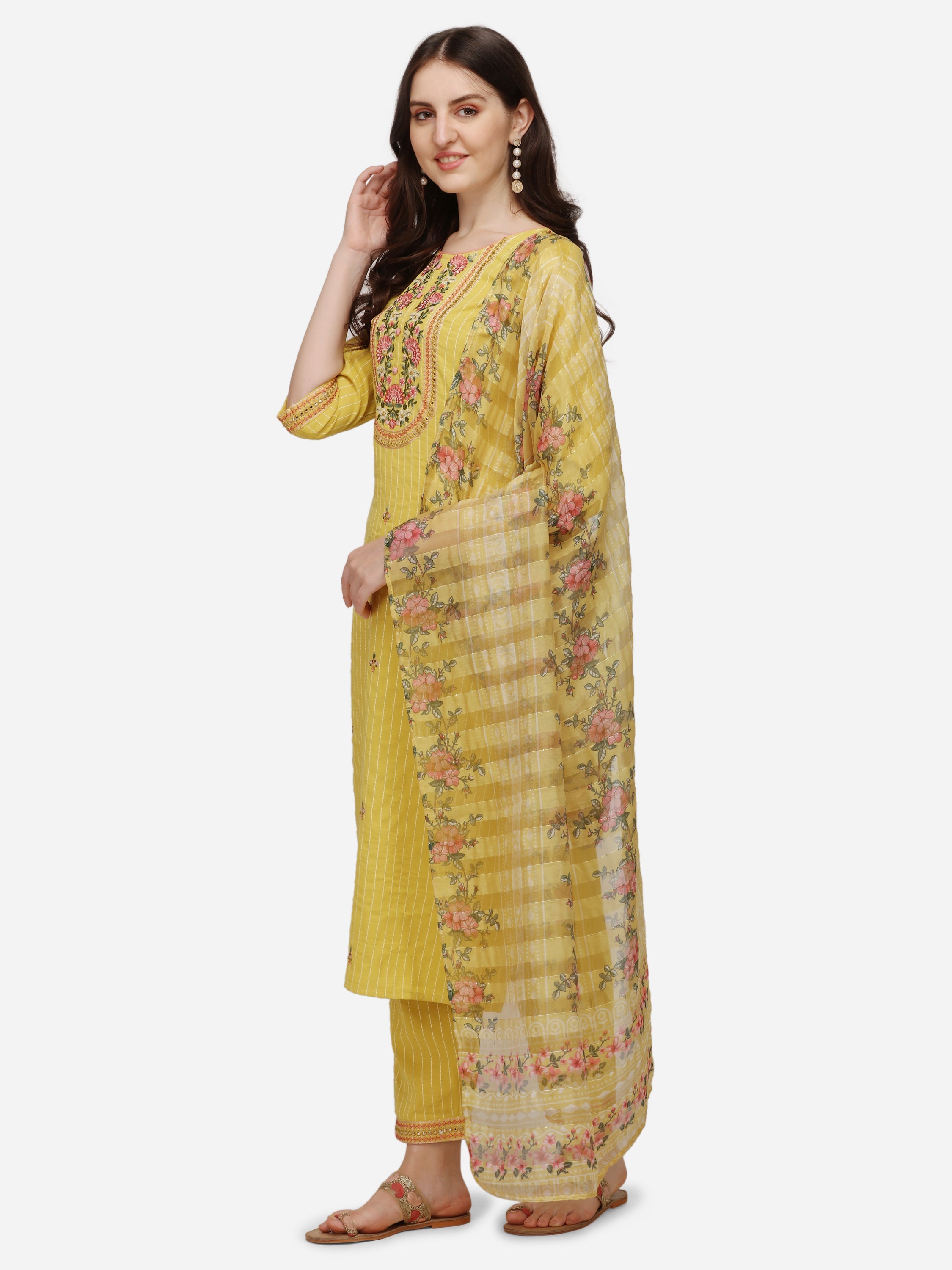 Embroidered Kurta With Pant & Dupatta Set, Multicolor - Hiral Fashion - Dista