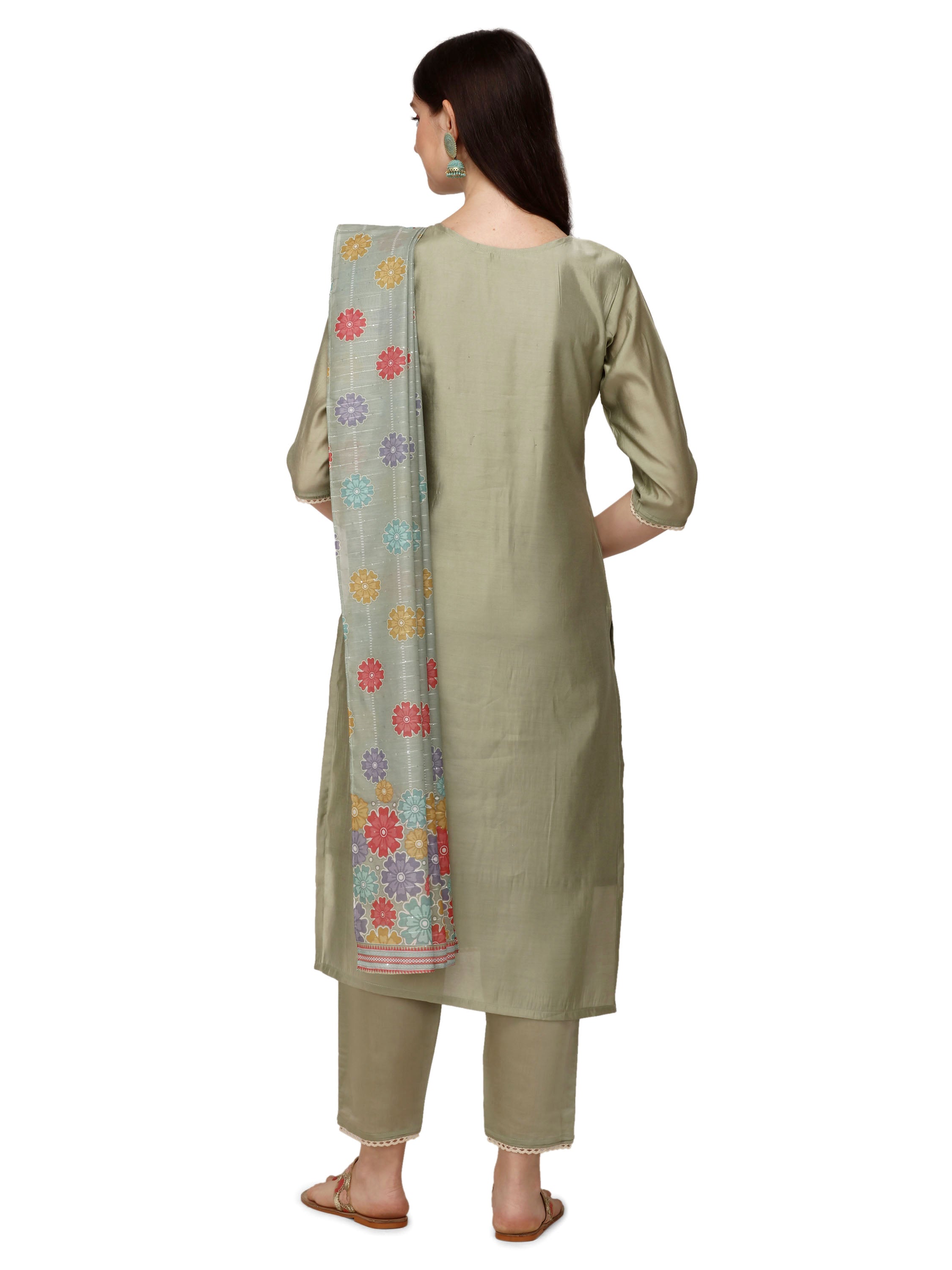 Hand Embroidered Kurta With Pant & Printed Dupatta, Multicolor - Hiral Fashion - Dista