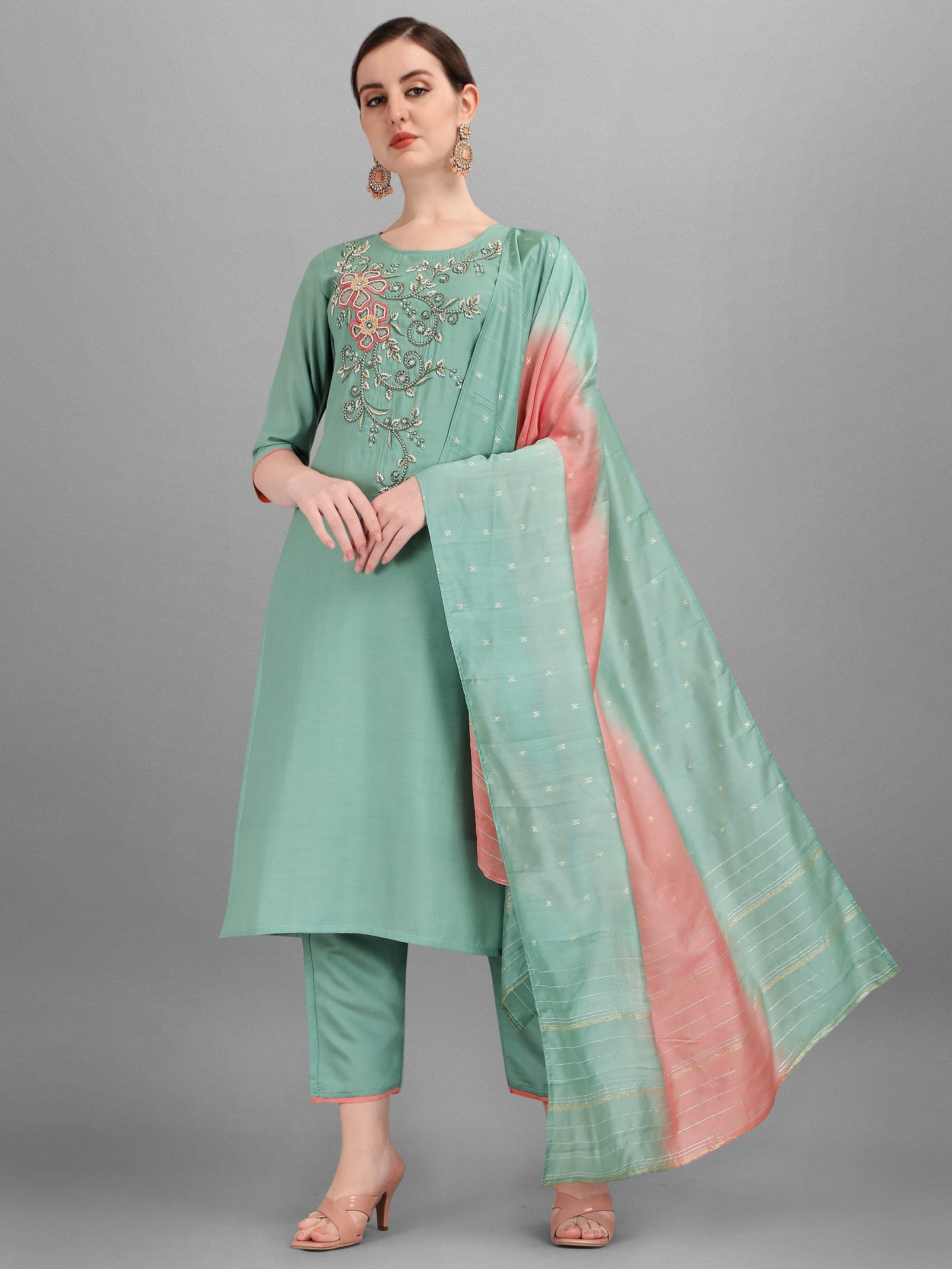 Embroidered Kurta With Pant & Dupatta Set, Multicolor - Hiral Fashion - Dista