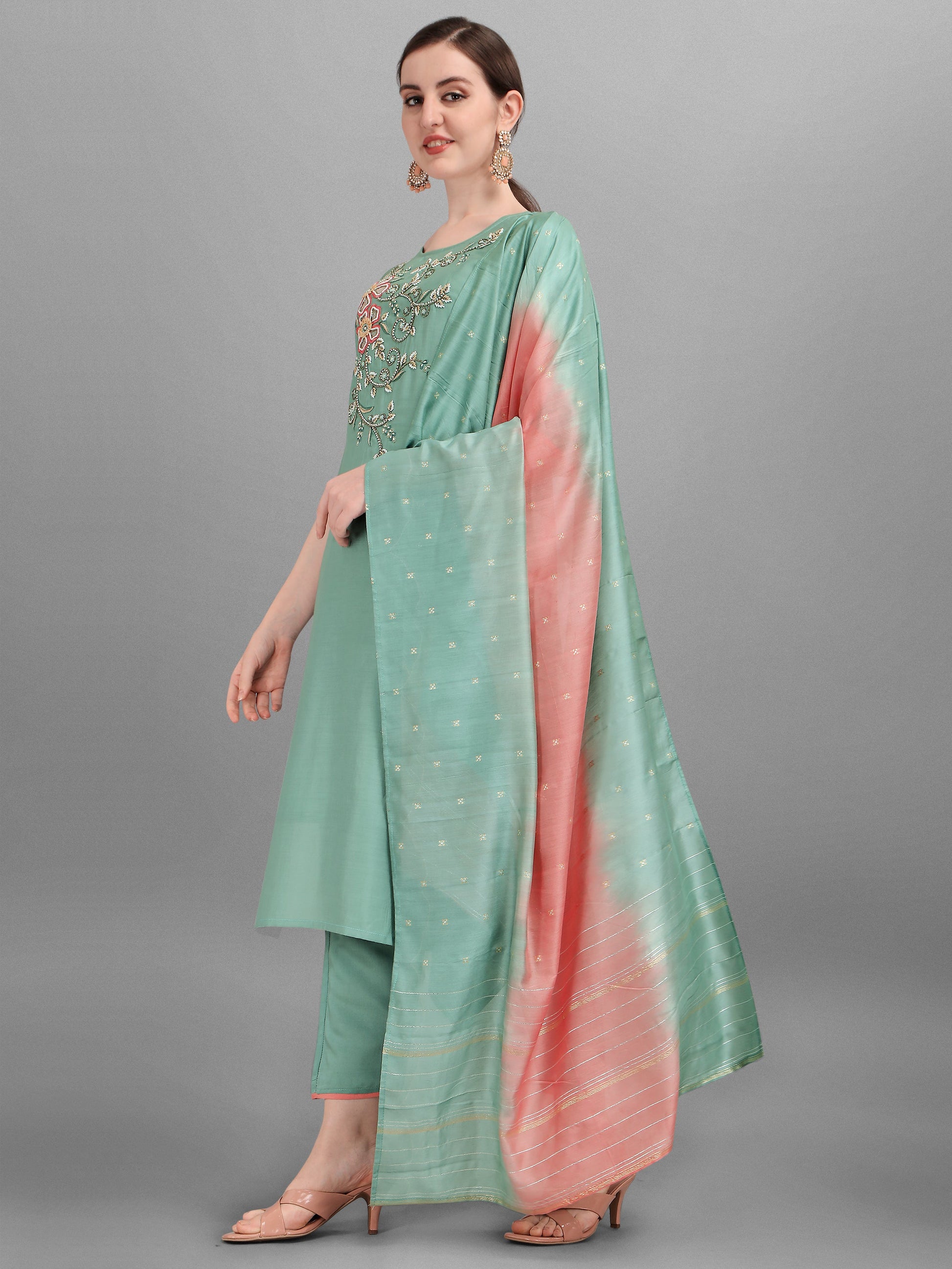 Embroidered Kurta With Pant & Dupatta Set, Multicolor - Hiral Fashion - Dista