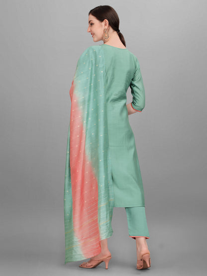Embroidered Kurta With Pant & Dupatta Set, Multicolor - Hiral Fashion - Dista
