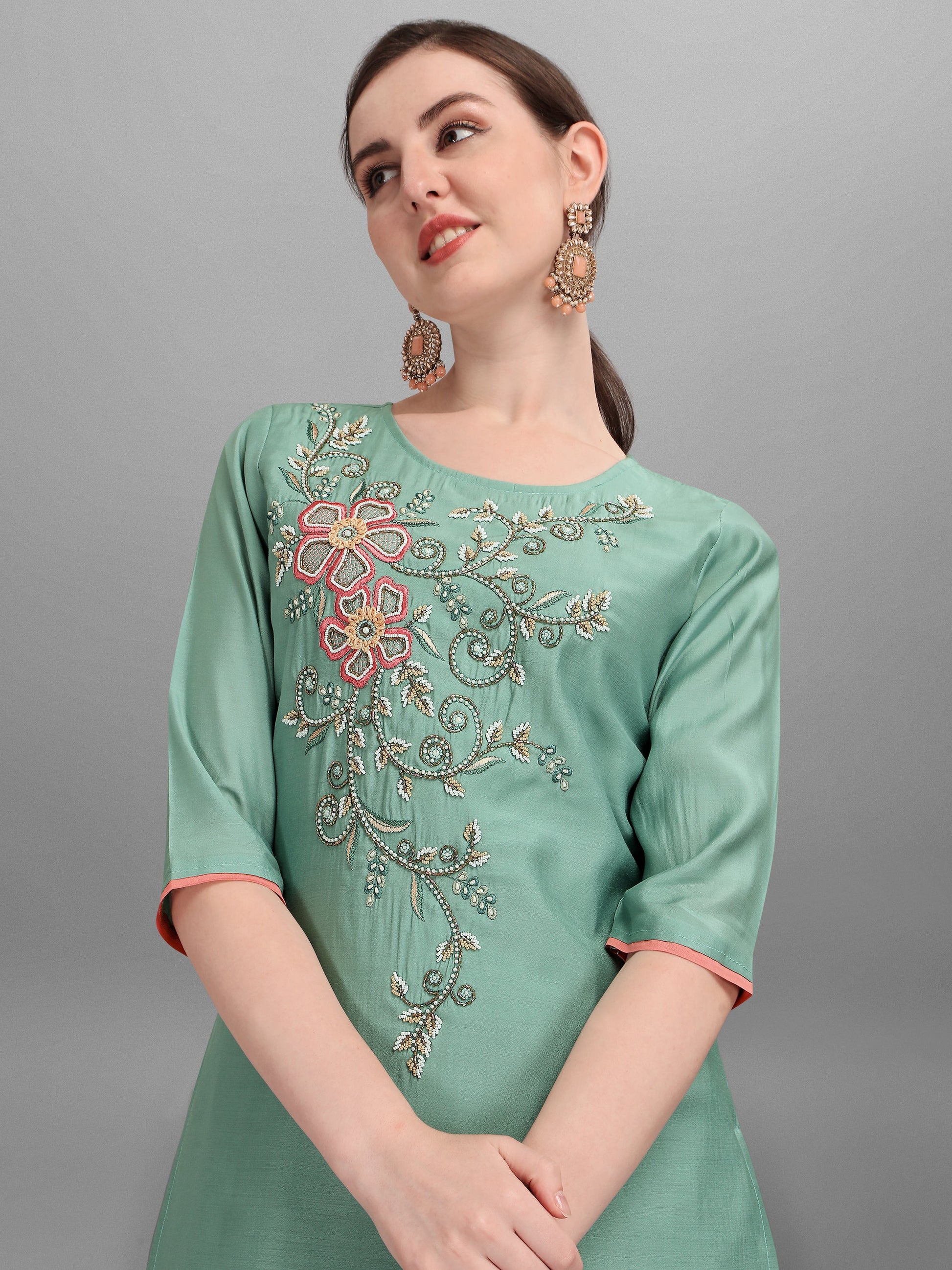 Embroidered Kurta With Pant & Dupatta Set, Multicolor - Hiral Fashion - Dista