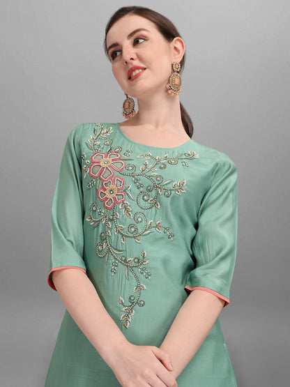 Embroidered Kurta With Pant & Dupatta Set, Multicolor - Hiral Fashion - Dista