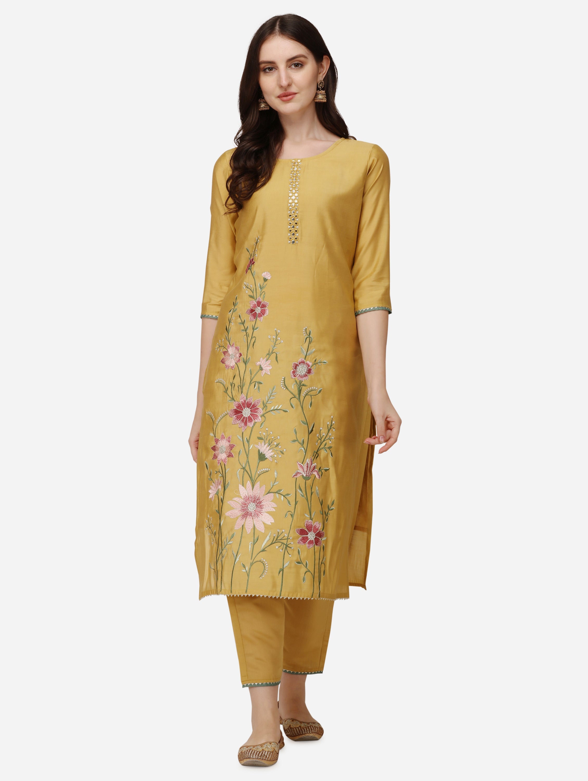Embroidered Kurta With Pant & Dupatta Set, Multicolor - Hiral Fashion - Dista