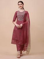 Thumbnail for Hand Embroidered Pink Chanderi Kurta With Pant & Dupatta Set Premium, Multicolor - Hiral Fashion - Distacart