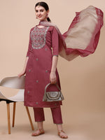 Thumbnail for Hand Embroidered Pink Chanderi Kurta With Pant & Dupatta Set Premium, Multicolor - Hiral Fashion - Distacart
