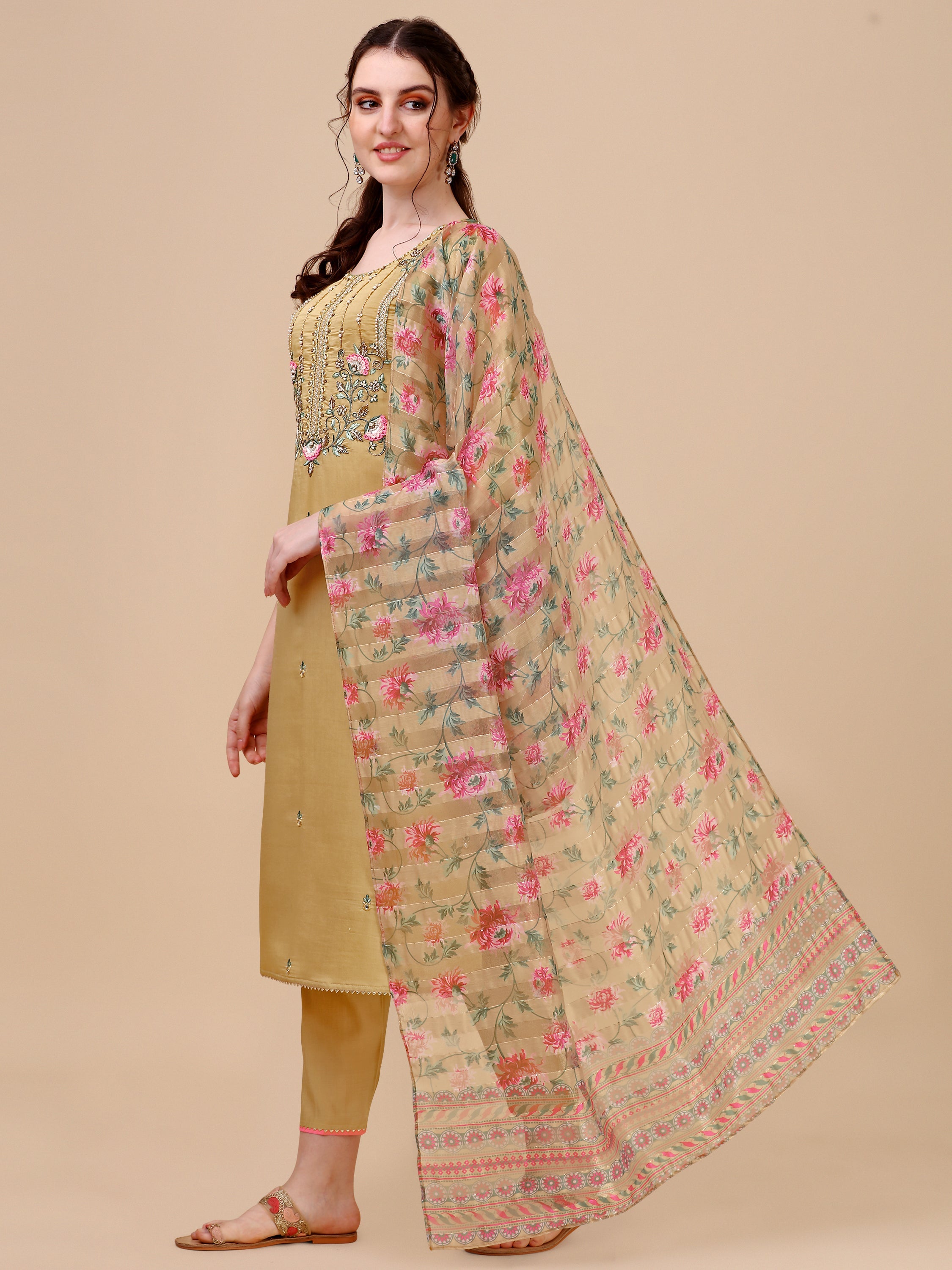 Embroidered Kurta With Pant & Printed Dupatta Set, Multicolor - Hiral Fashion - Dista