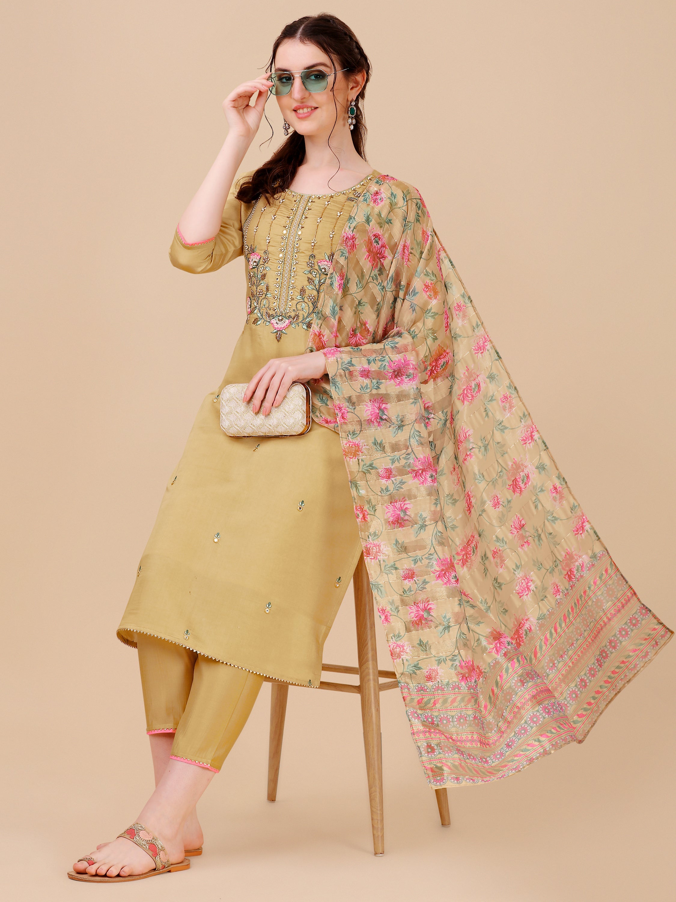 Embroidered Kurta With Pant & Printed Dupatta Set, Multicolor - Hiral Fashion - Dista