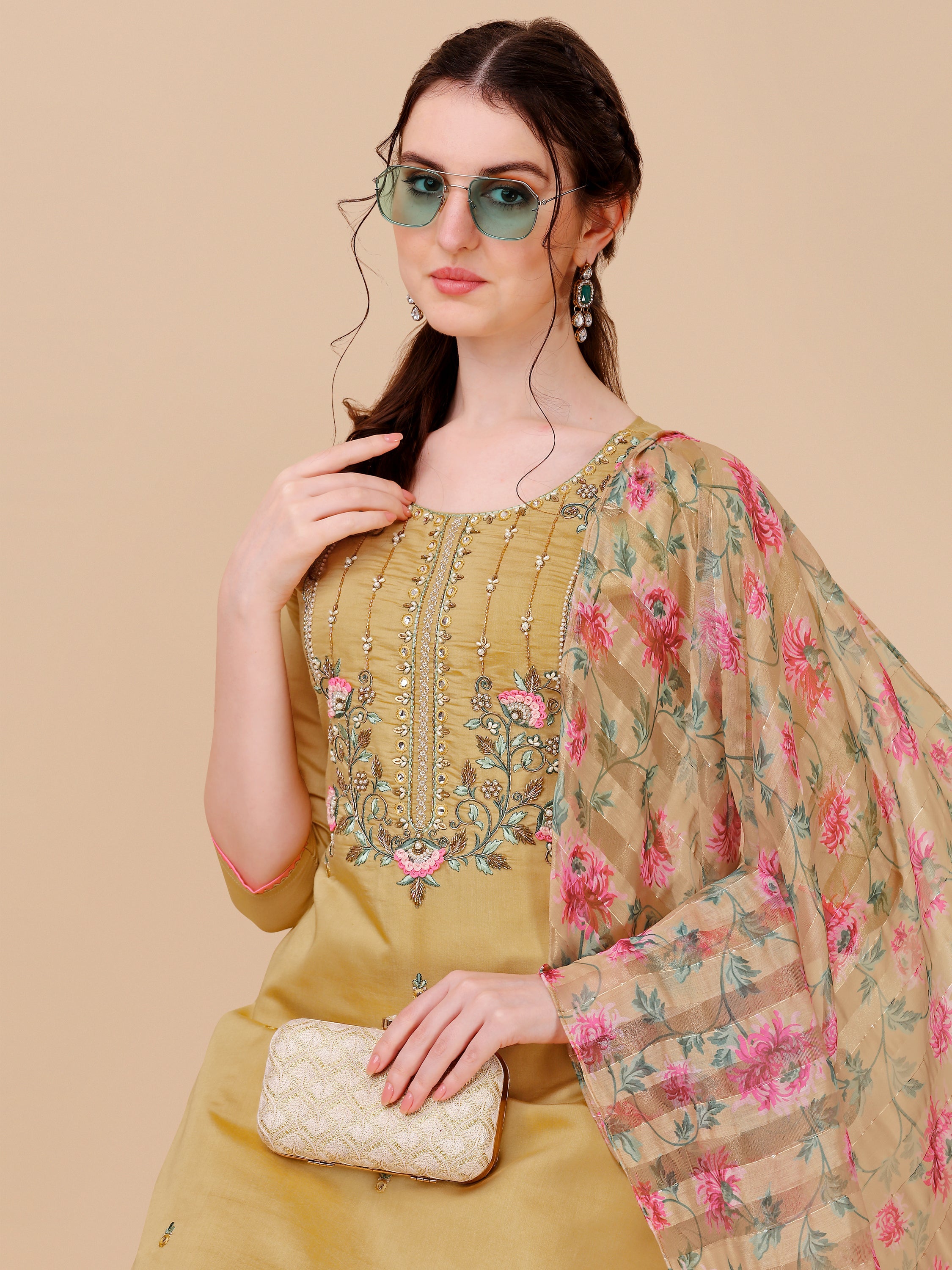 Embroidered Kurta With Pant & Printed Dupatta Set, Multicolor - Hiral Fashion - Dista