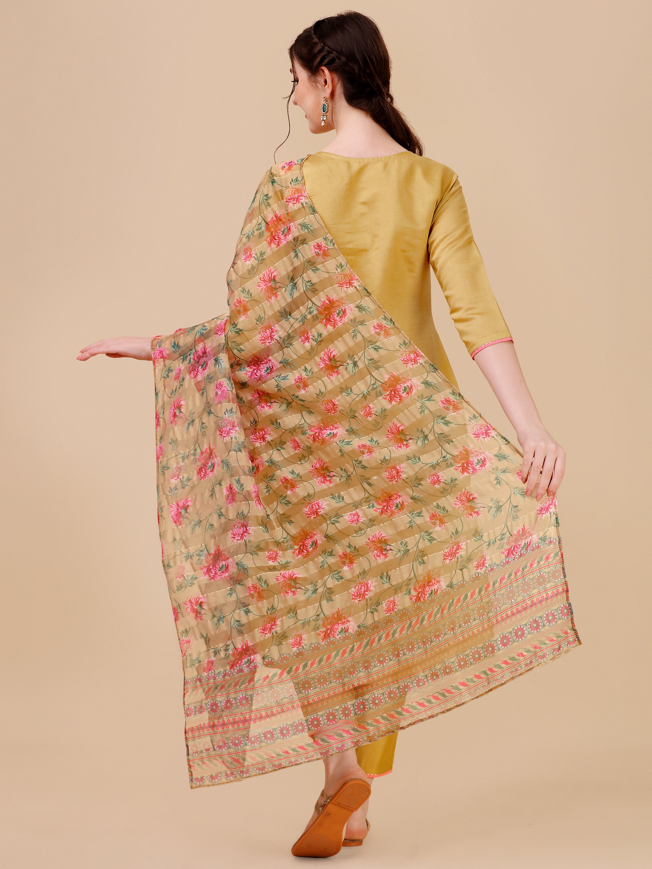 Embroidered Kurta With Pant & Printed Dupatta Set, Multicolor - Hiral Fashion - Dista