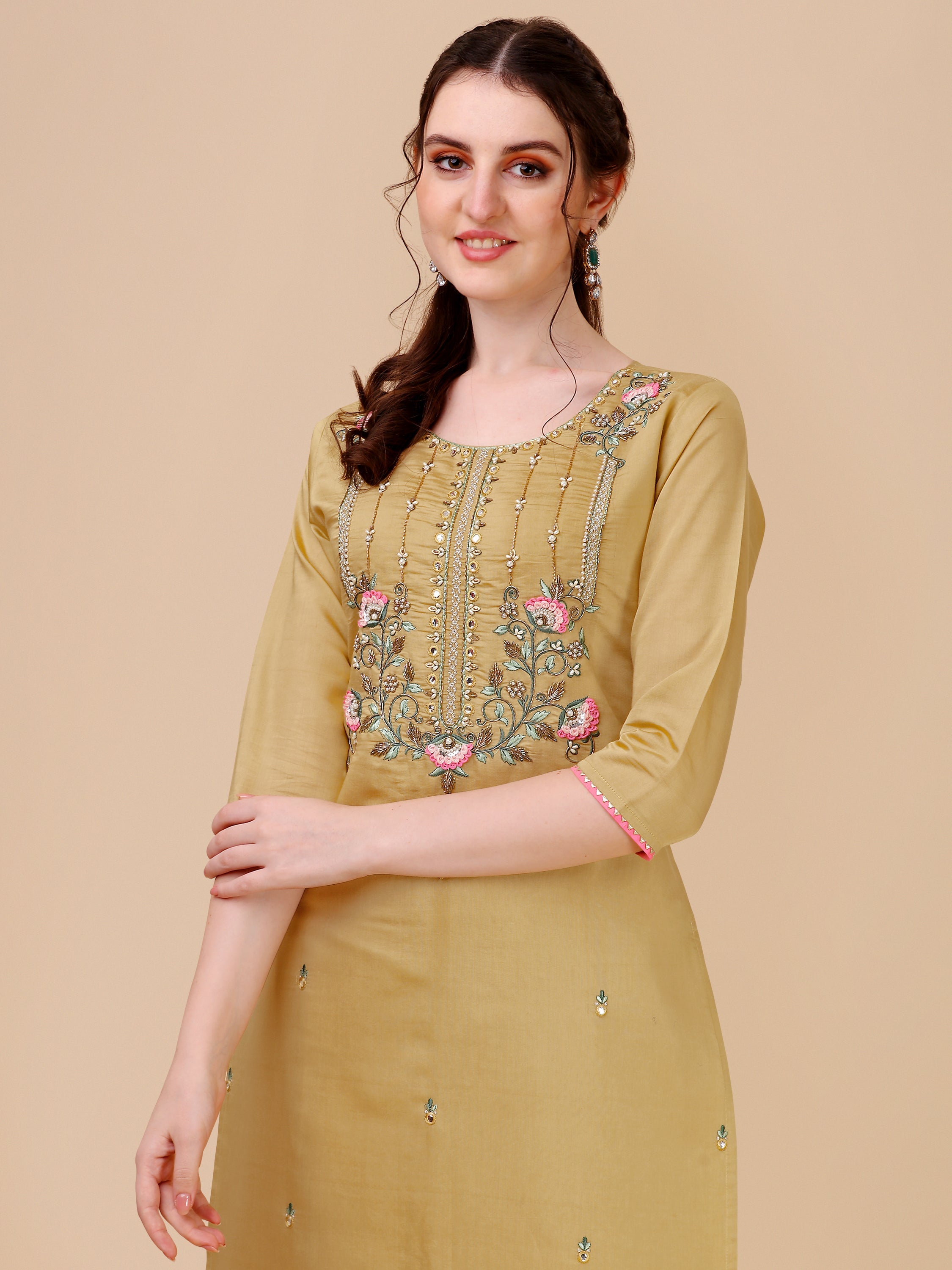 Embroidered Kurta With Pant & Printed Dupatta Set, Multicolor - Hiral Fashion - Dista
