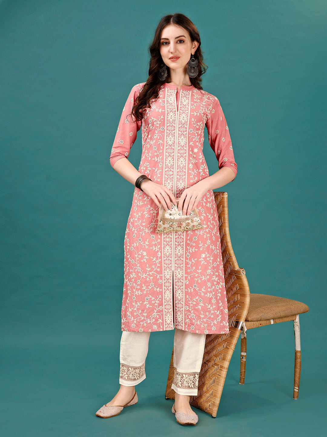 Lucknowi Embroidered Pure Cotton Mal Kurta With Designer Pant, Multicolor - Hiral Fashion - Dista