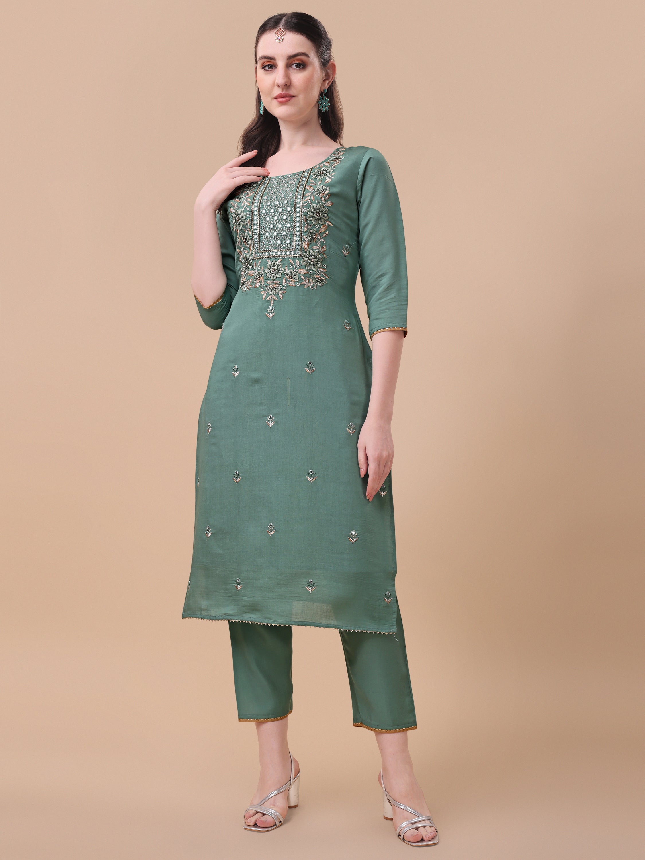 Embroidered Kurta With Pant And Printed Dupatta Set, Multicolor - Hiral Fashion - Dista