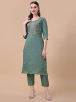 Thumbnail for Embroidered Kurta With Pant And Printed Dupatta Set, Multicolor - Hiral Fashion - Dista