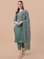 Thumbnail for Embroidered Kurta With Pant And Printed Dupatta Set, Multicolor - Hiral Fashion - Dista