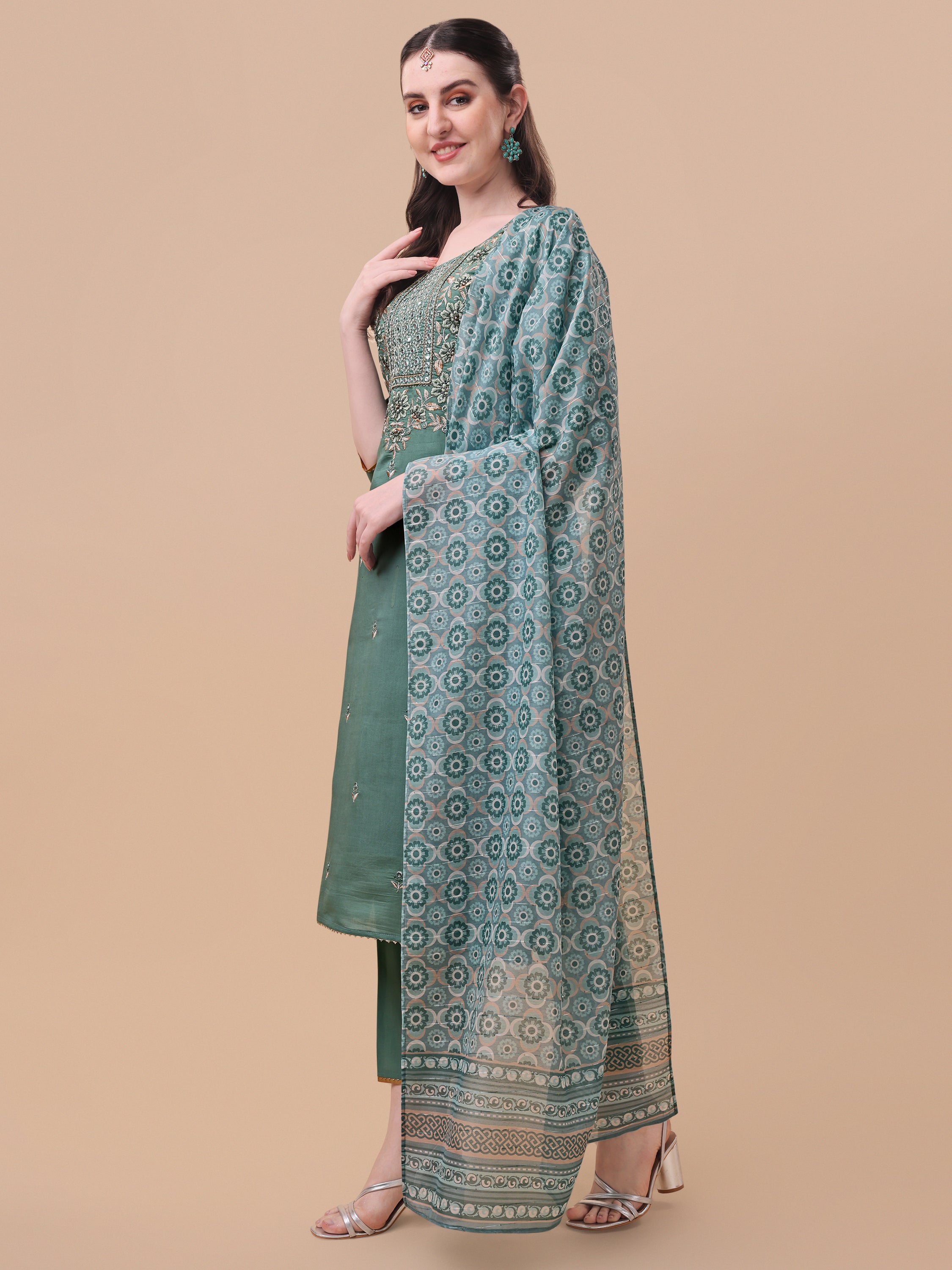 Embroidered Kurta With Pant And Printed Dupatta Set, Multicolor - Hiral Fashion - Dista