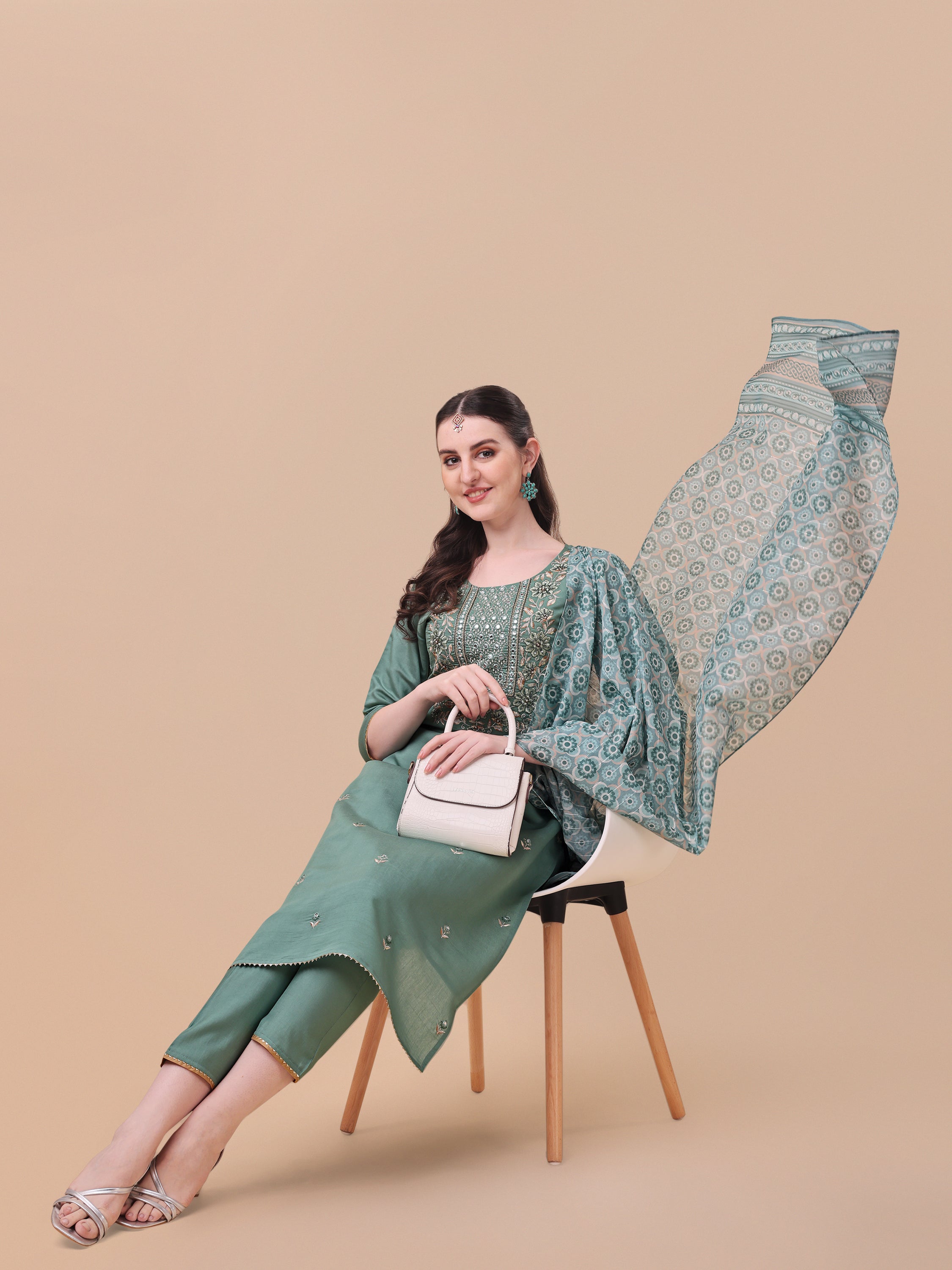 Embroidered Kurta With Pant And Printed Dupatta Set, Multicolor - Hiral Fashion - Dista
