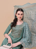 Thumbnail for Embroidered Kurta With Pant And Printed Dupatta Set, Multicolor - Hiral Fashion - Dista