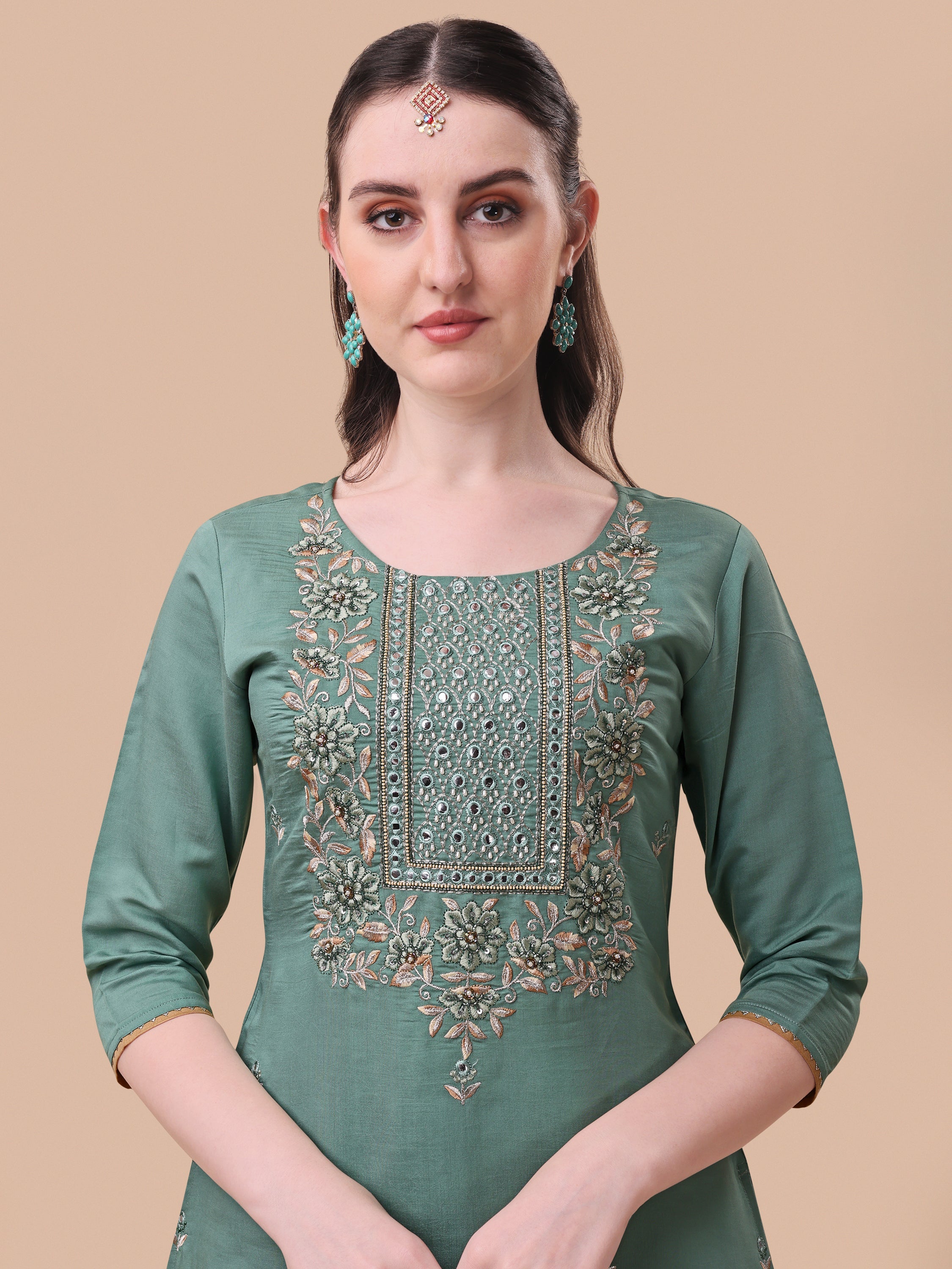 Embroidered Kurta With Pant And Printed Dupatta Set, Multicolor - Hiral Fashion - Dista