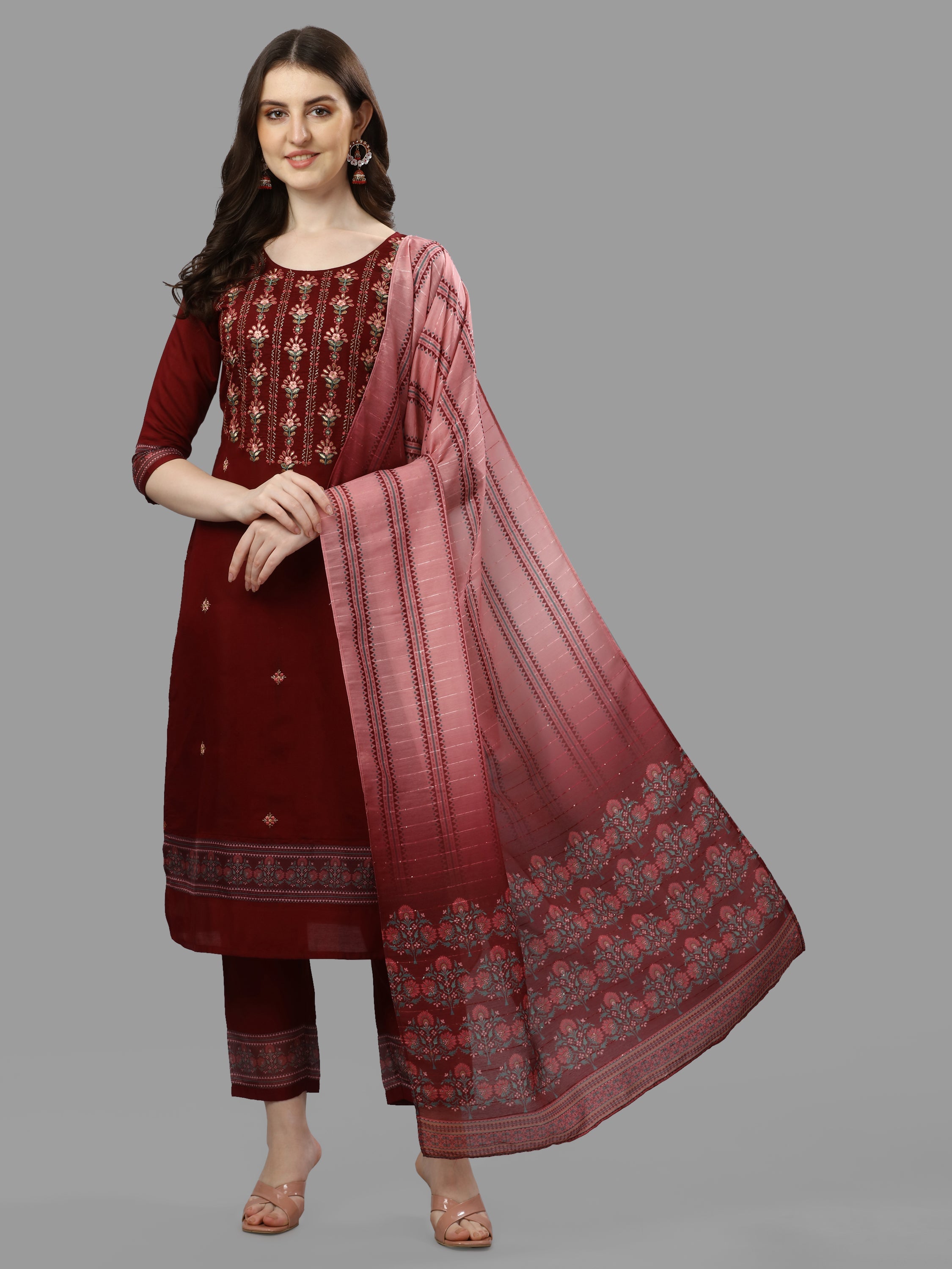 Thread Embroidered Kurta With Pant And Dupatta Set, Multicolor - Hiral Fashion - Dista