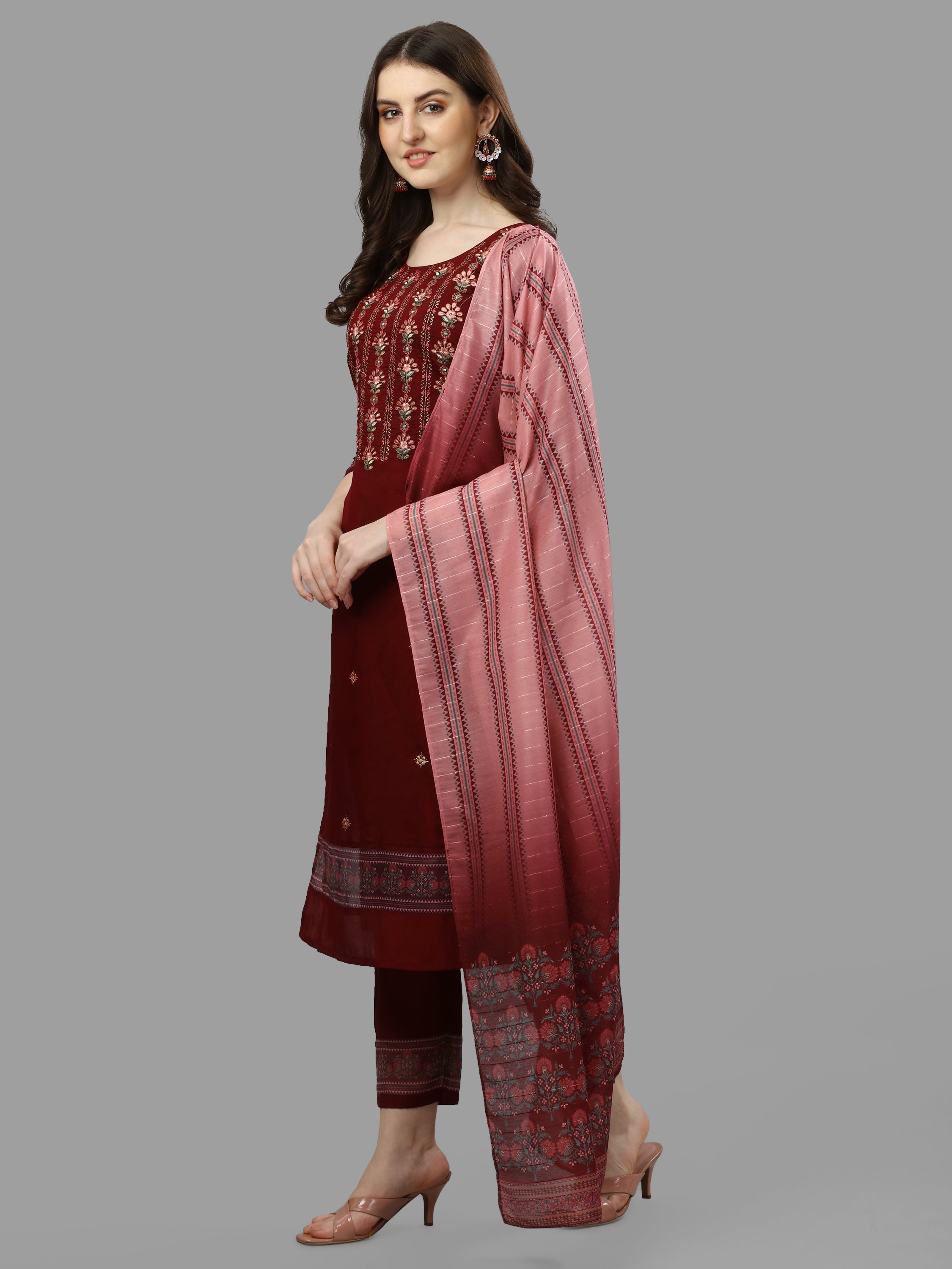 Thread Embroidered Kurta With Pant And Dupatta Set, Multicolor - Hiral Fashion - Dista