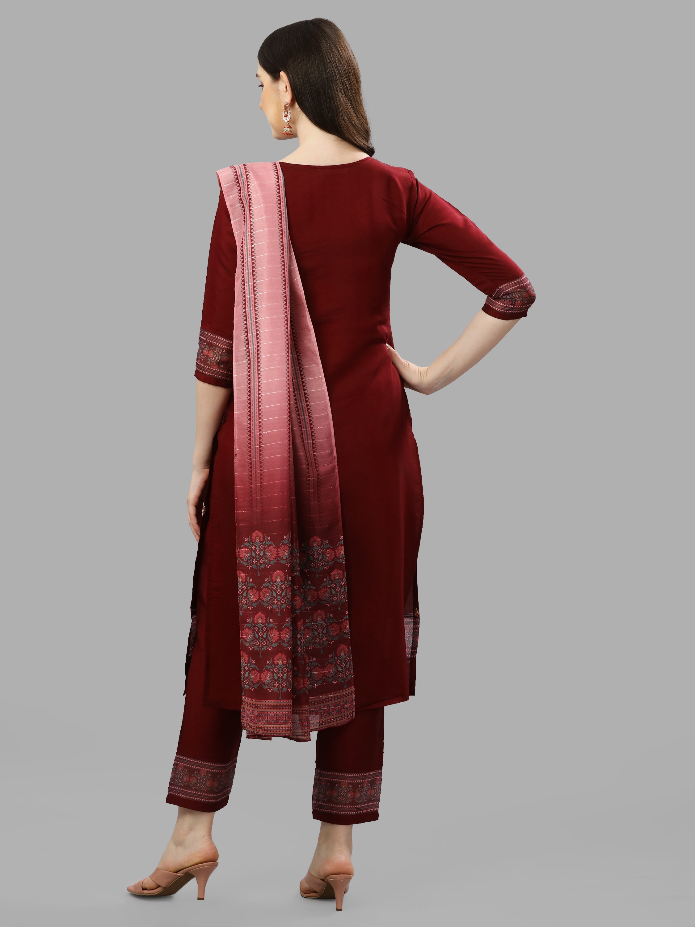 Thread Embroidered Kurta With Pant And Dupatta Set, Multicolor - Hiral Fashion - Dista