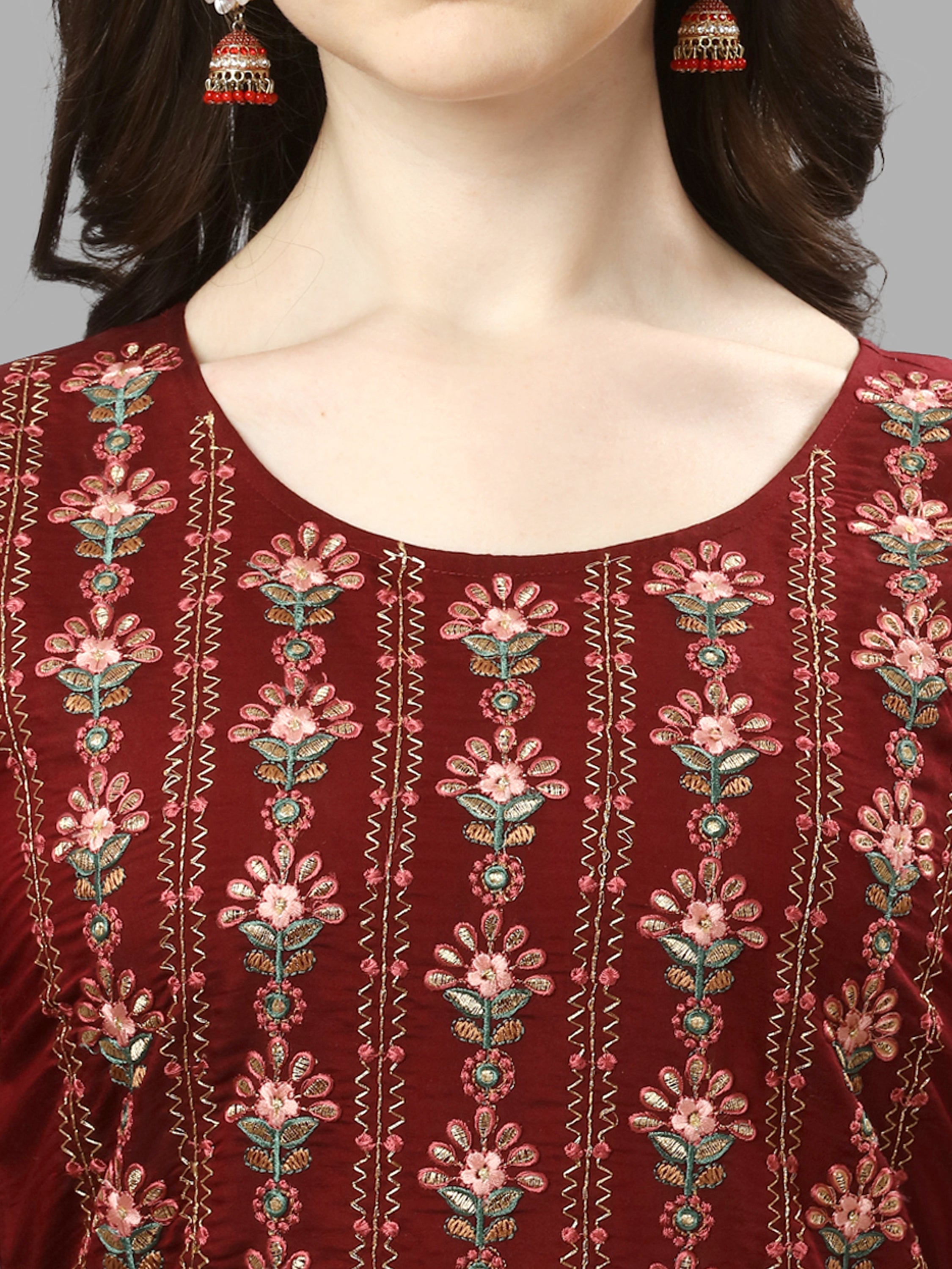 Thread Embroidered Kurta With Pant And Dupatta Set, Multicolor - Hiral Fashion - Dista